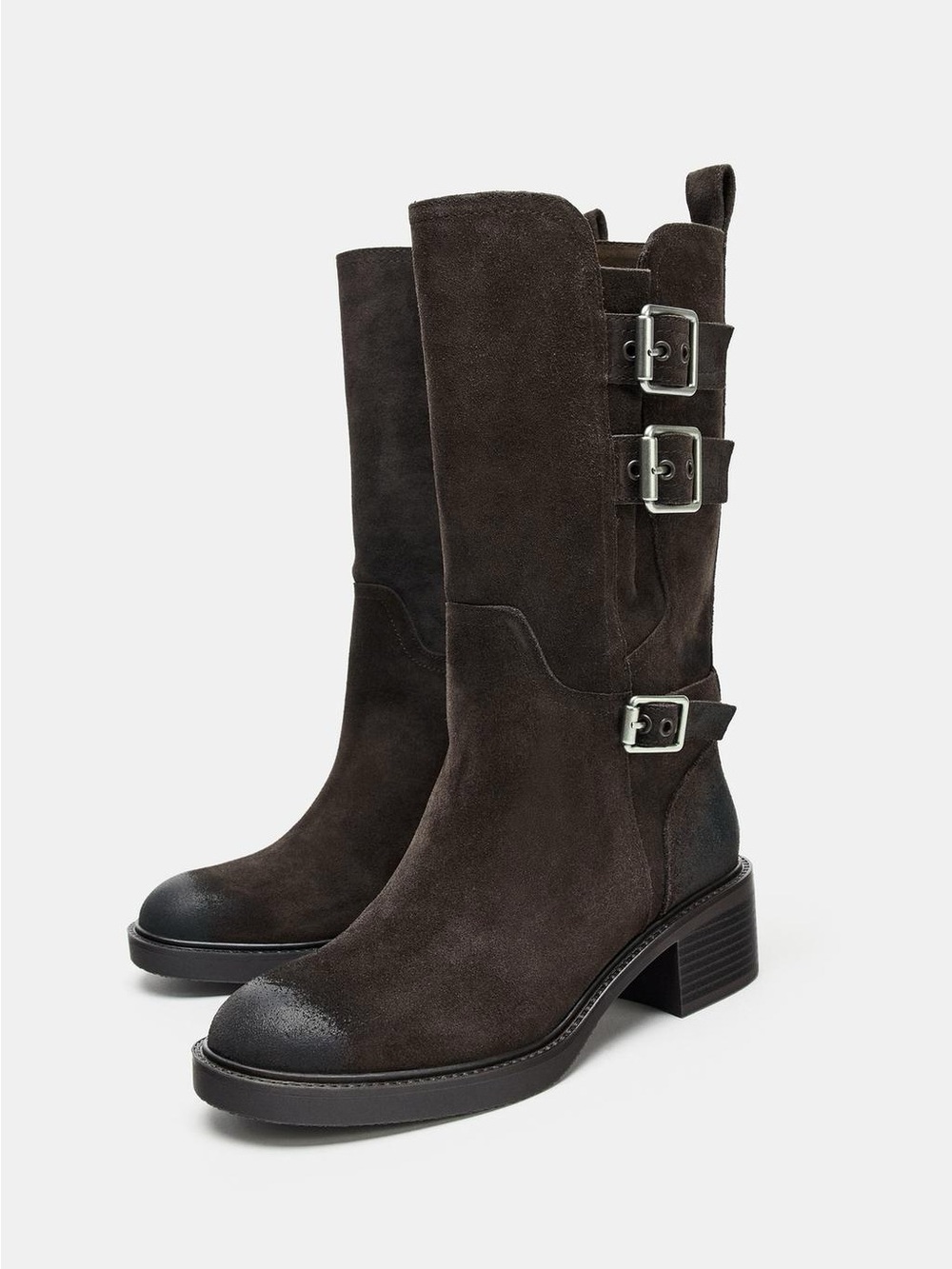 Zara Dark Brown Suede Lace-Up Buckle Mid-Calf Boots